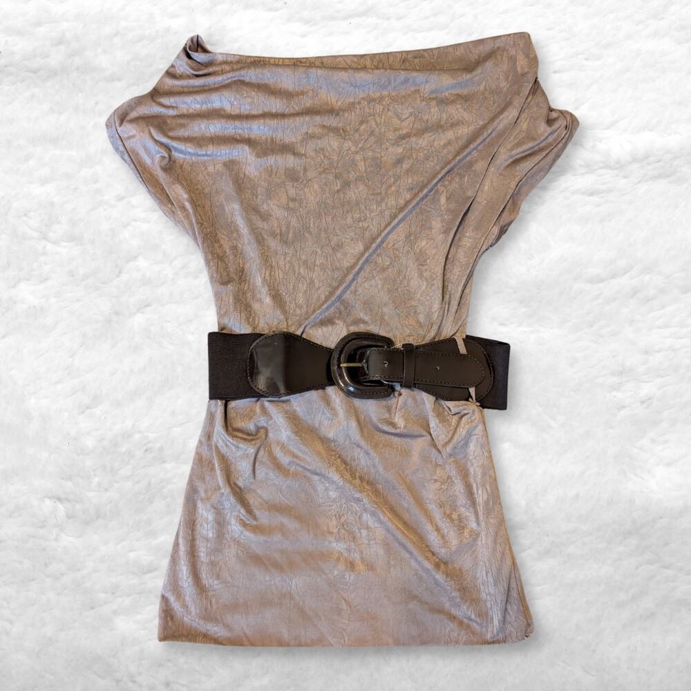 y2k iz byer metallic shimmer cowl neck tunic top office siren